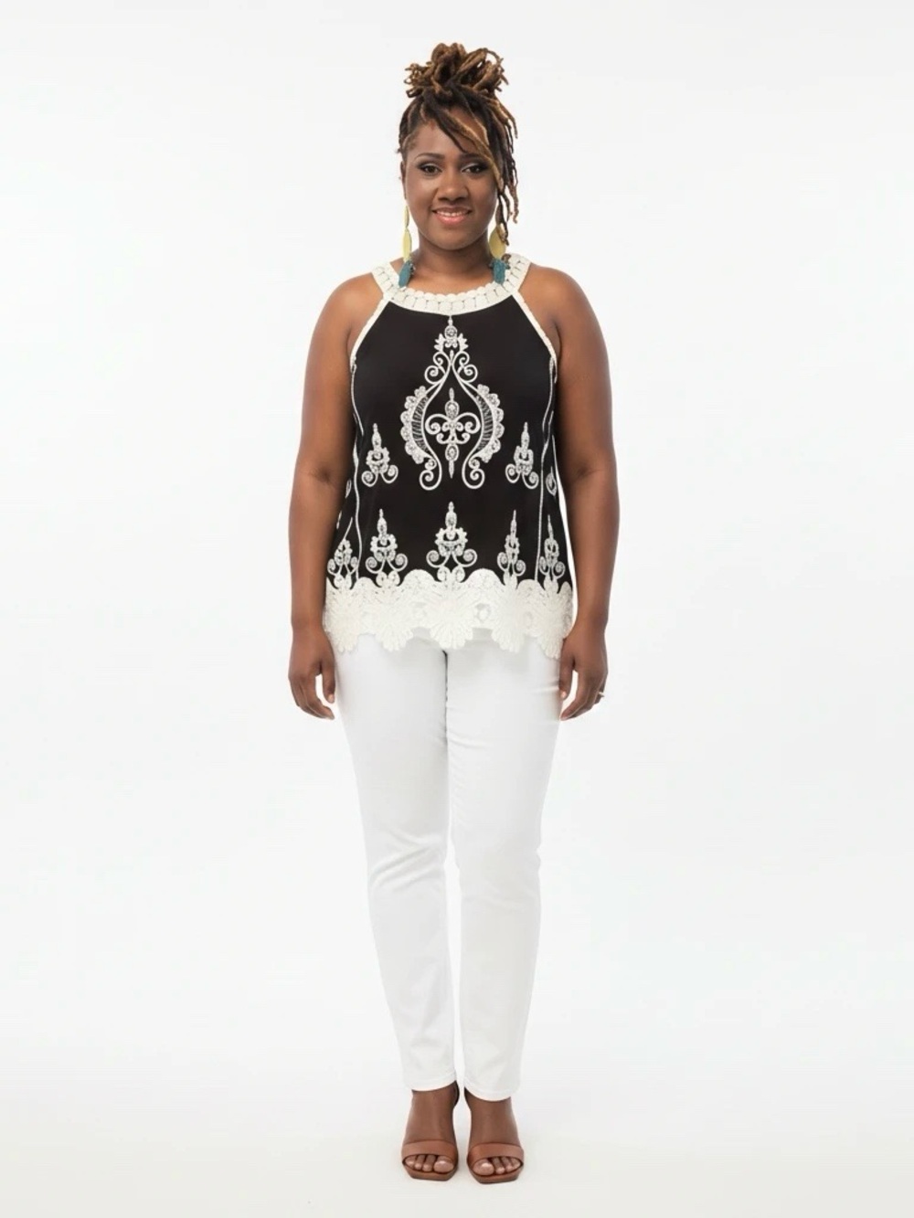 Ultra Pink Black and White Embroidered Halter Tank